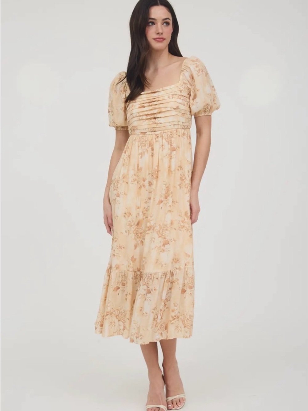 Floral Pleated Bodice Midi Dress in Cream
